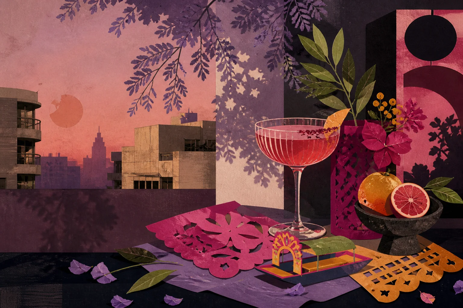 Editorial collage of Mexico City architecture, flowers, citrus, a cocktail, and a trajinera